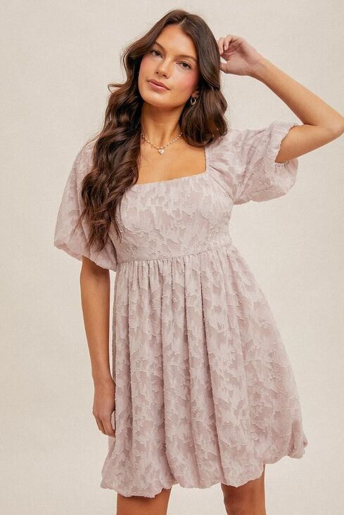 Hem & Thread Dresses & Skirts - H&T Chiffon Jacquard Print Square Neck Bubble Dress